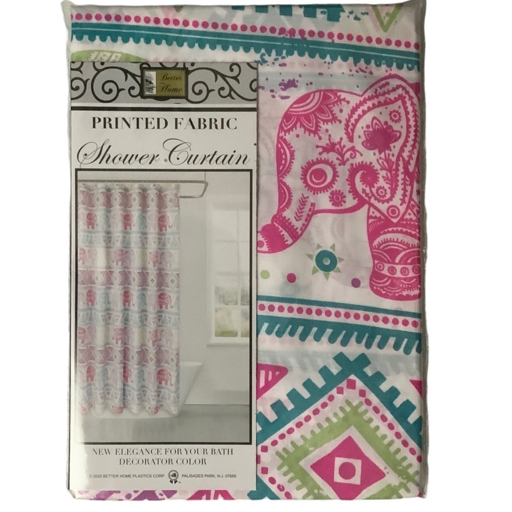 Shower Curtain Elephant Print Fabric Colorful Pink Teal Green  NWT 70 x 72 in